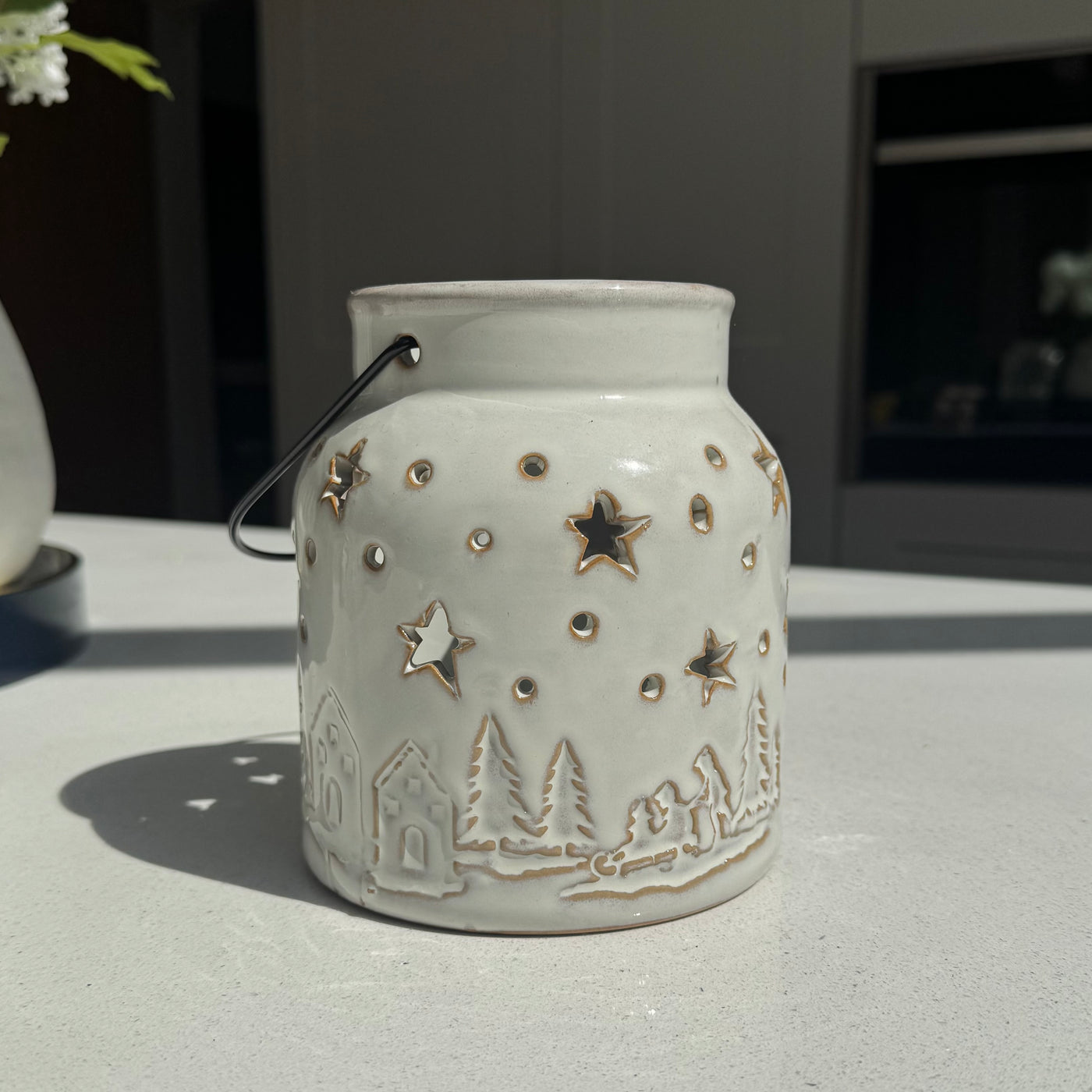White Ceramic Winter Forest Star Lantern in Various Sizes