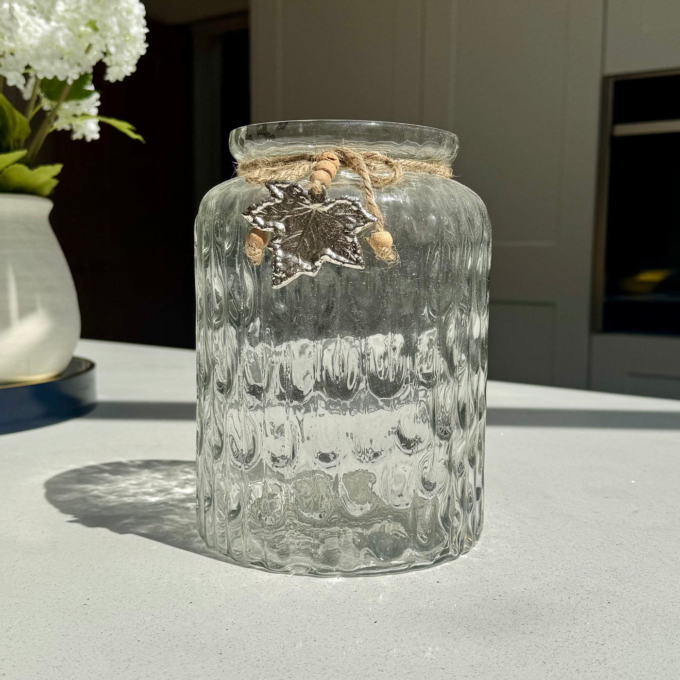 Textured Glass Vase with Rustic Silver Leaf Charm