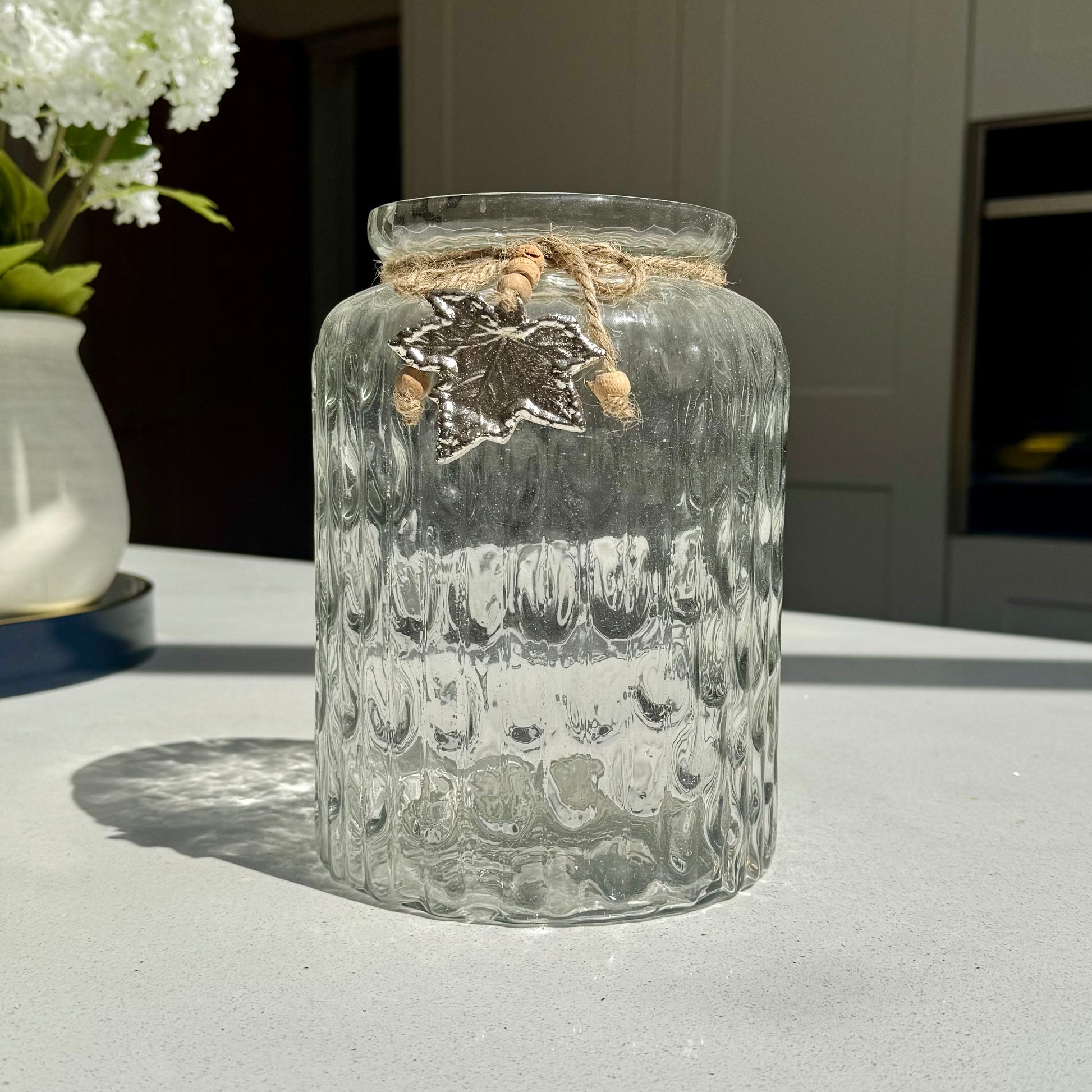 Textured Glass Vase with Rustic Silver Leaf Charm