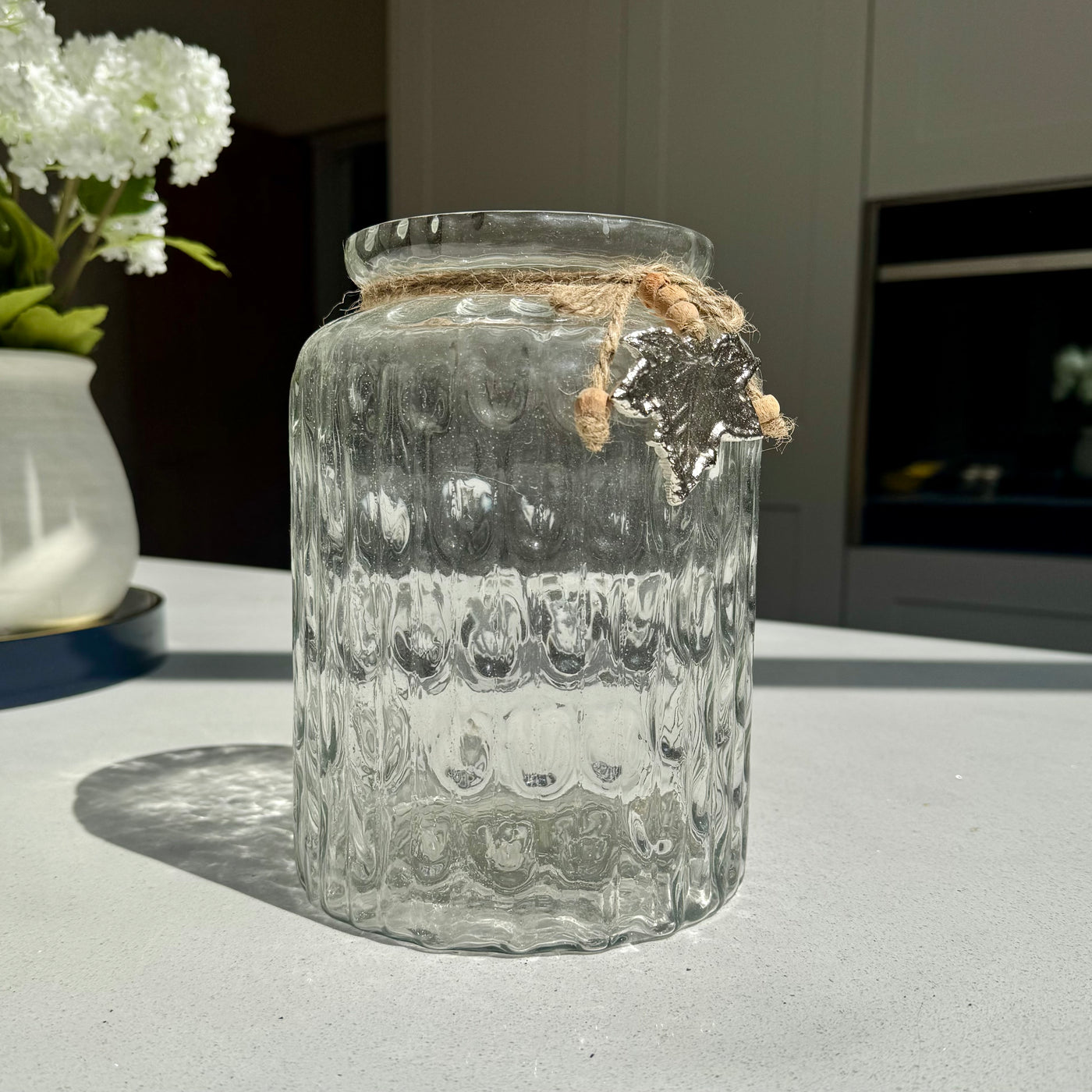 Textured Glass Vase with Rustic Silver Leaf Charm