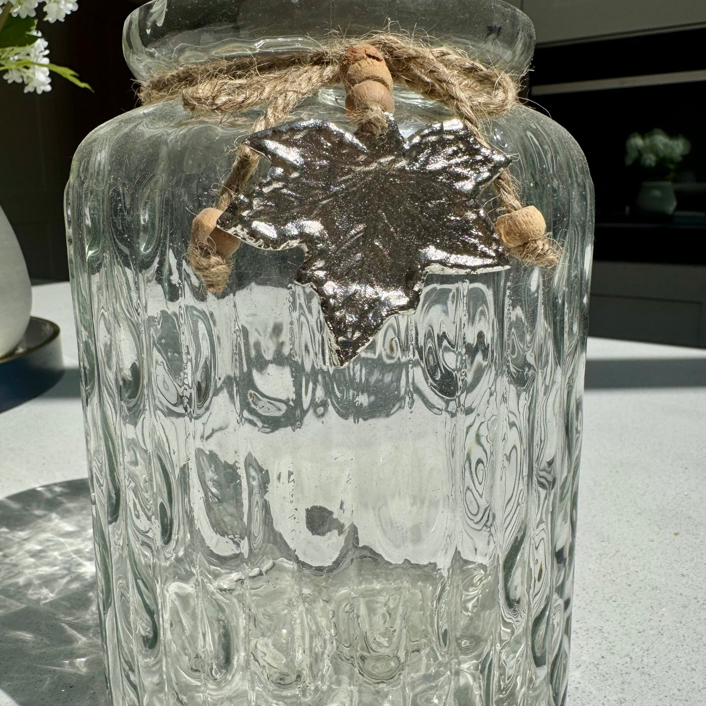 Textured Glass Vase with Rustic Silver Leaf Charm