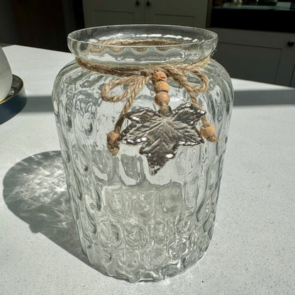 Textured Glass Vase with Rustic Silver Leaf Charm