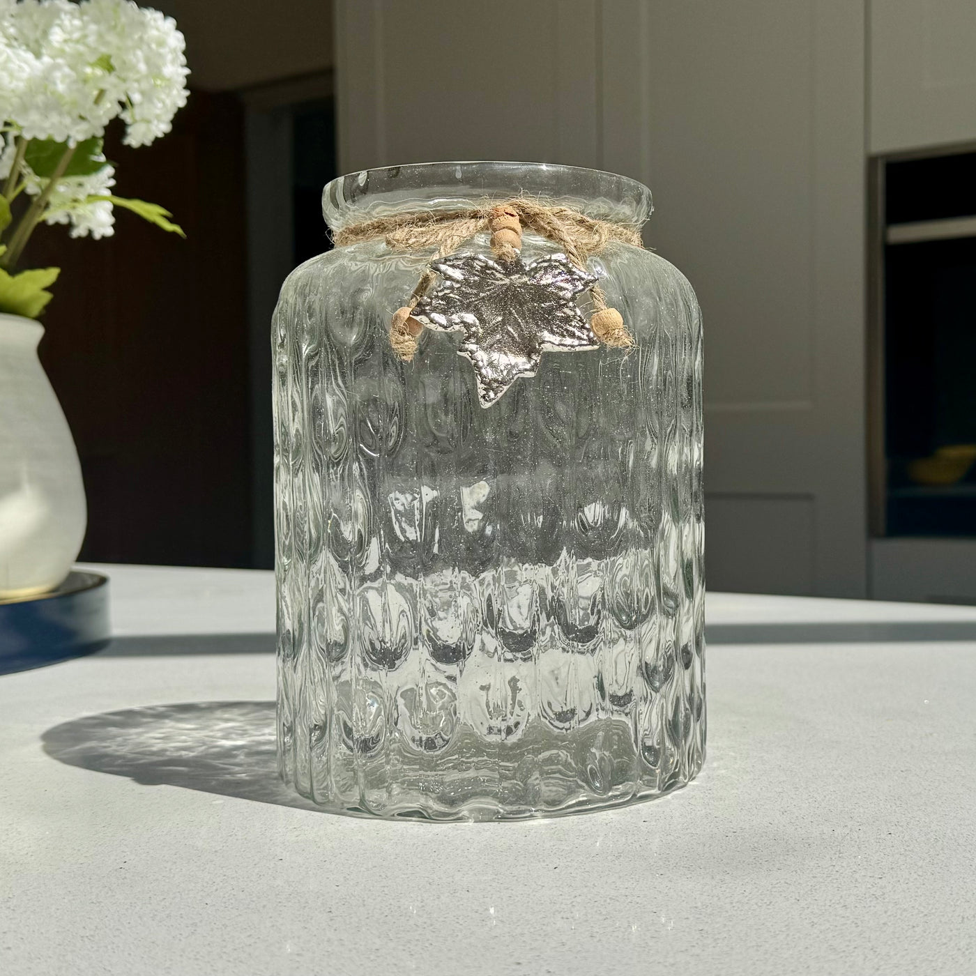 Textured Glass Vase with Rustic Silver Leaf Charm