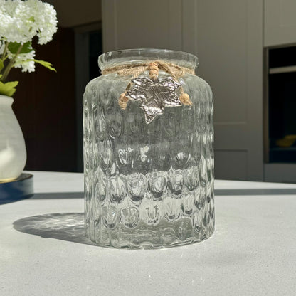 Textured Glass Vase with Rustic Silver Leaf Charm