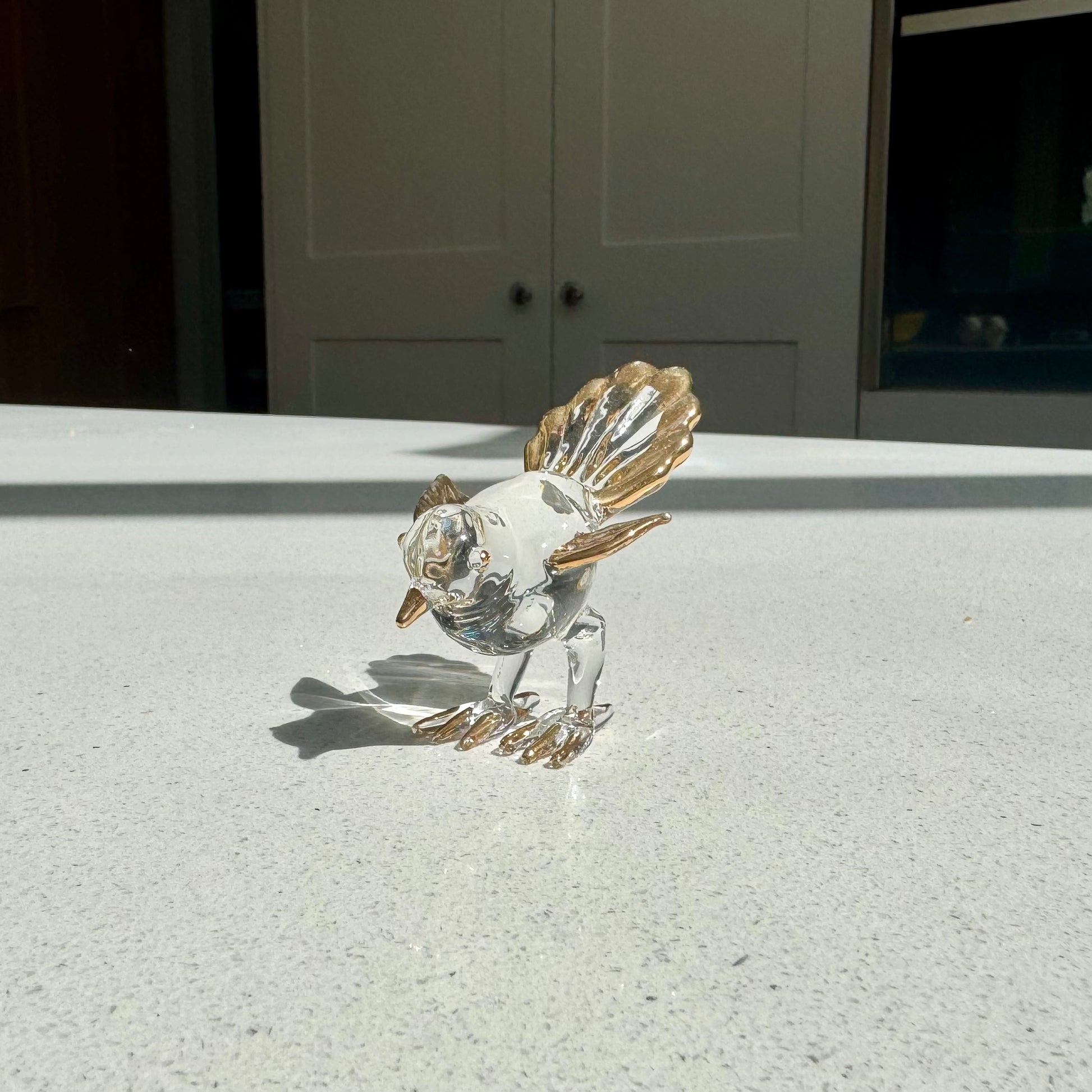 Miniature Clear Glass Bird Figurine with Gold Detailing