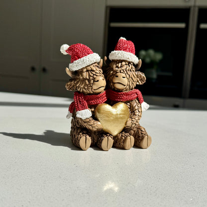 Festive Highland Cow Couple Figurine with Gold Heart