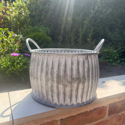 Zinc Ribbed Metal Planter with Handles 32cm
