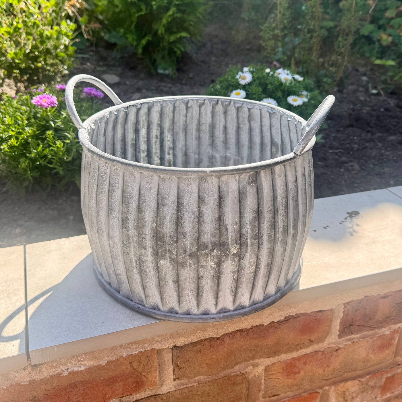 Zinc Ribbed Metal Planter with Handles 32cm