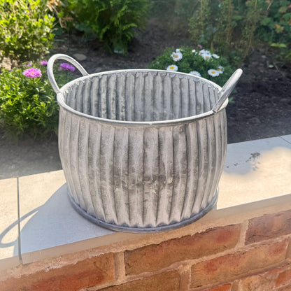 Zinc Ribbed Metal Planter with Handles 32cm