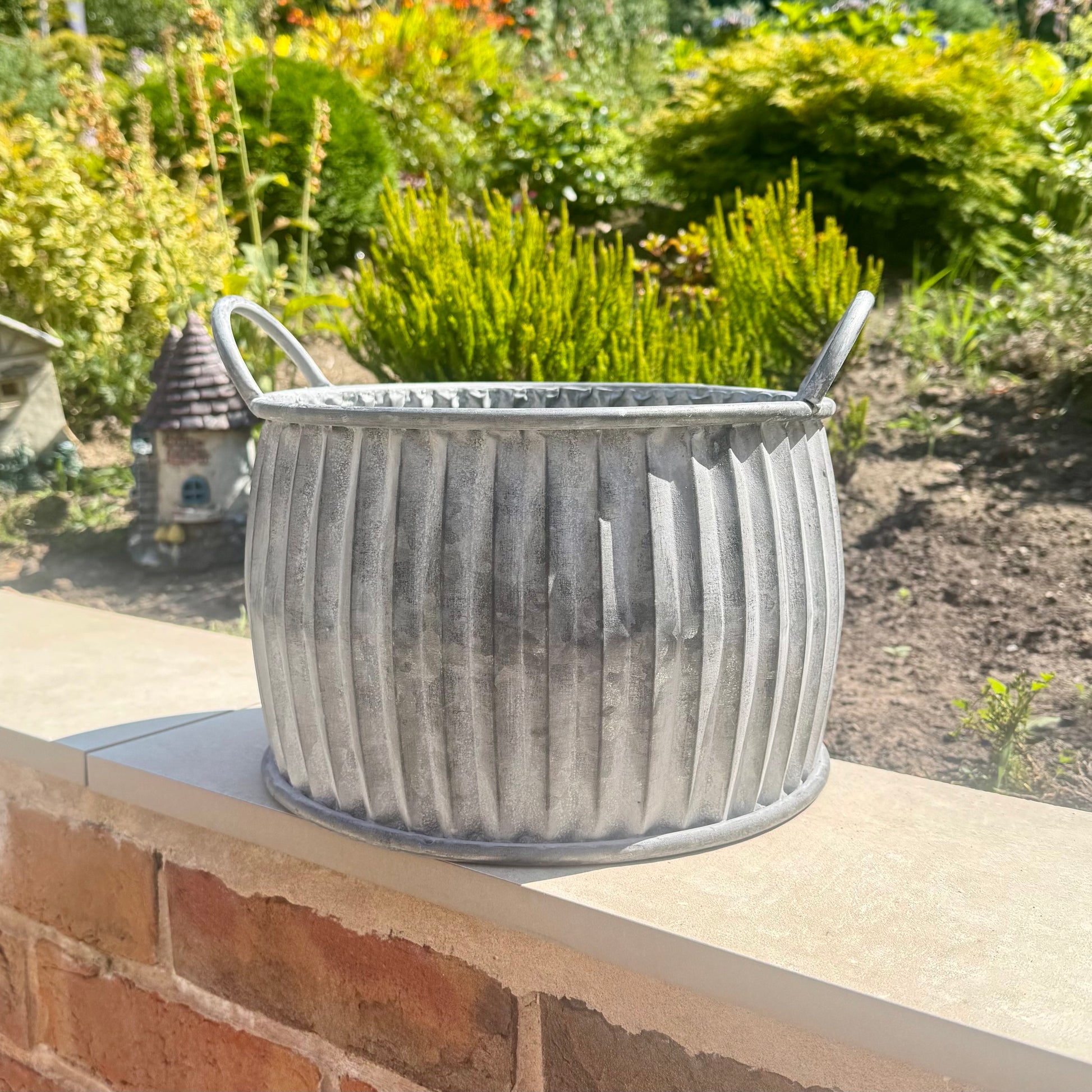 Zinc Ribbed Metal Planter with Handles 32cm