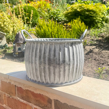 Zinc Ribbed Metal Planter with Handles 32cm