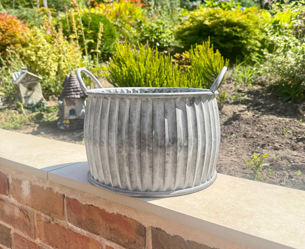Zinc Ribbed Metal Planter with Handles 32cm