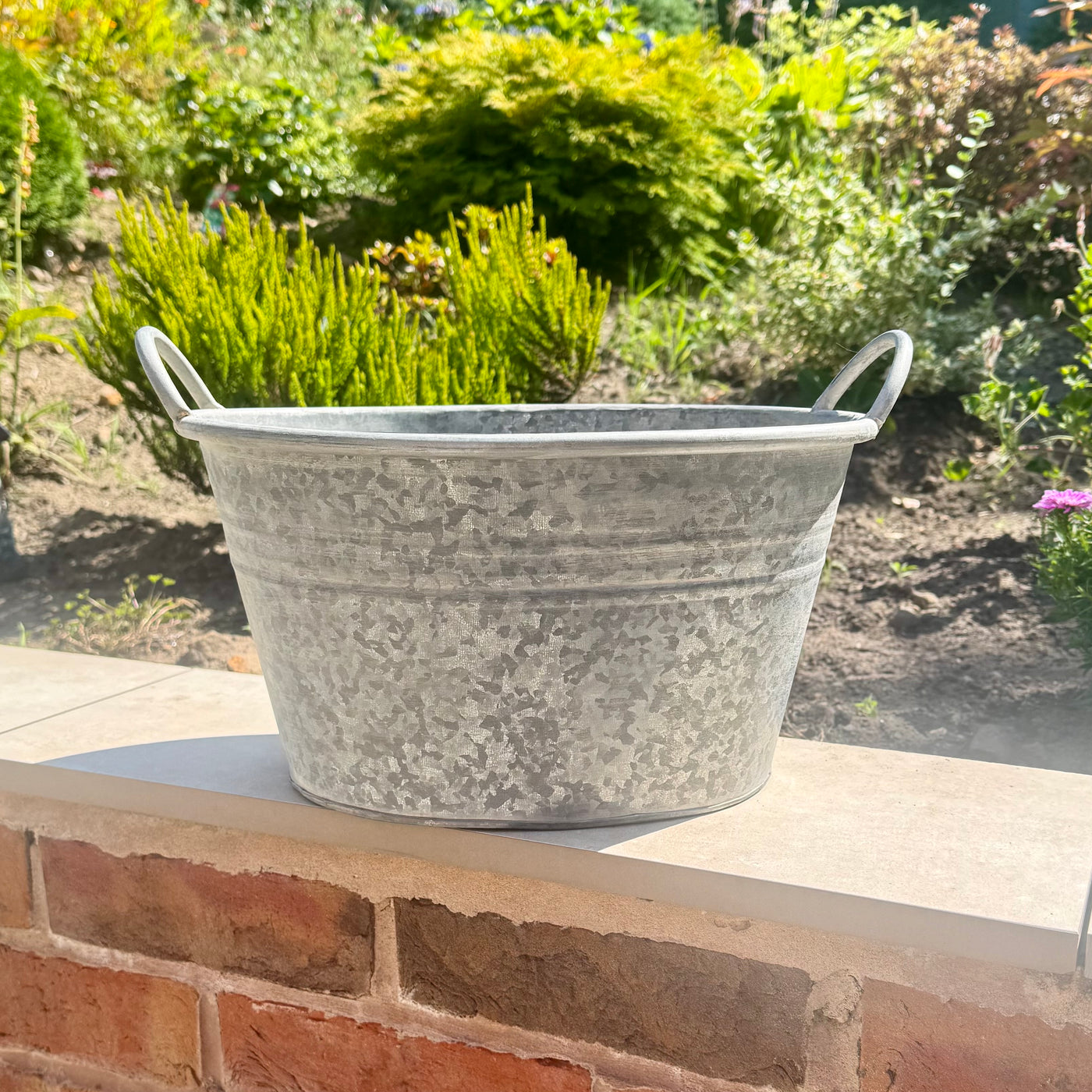 Upcycled Zinc Metal Planter with Handles 39cm
