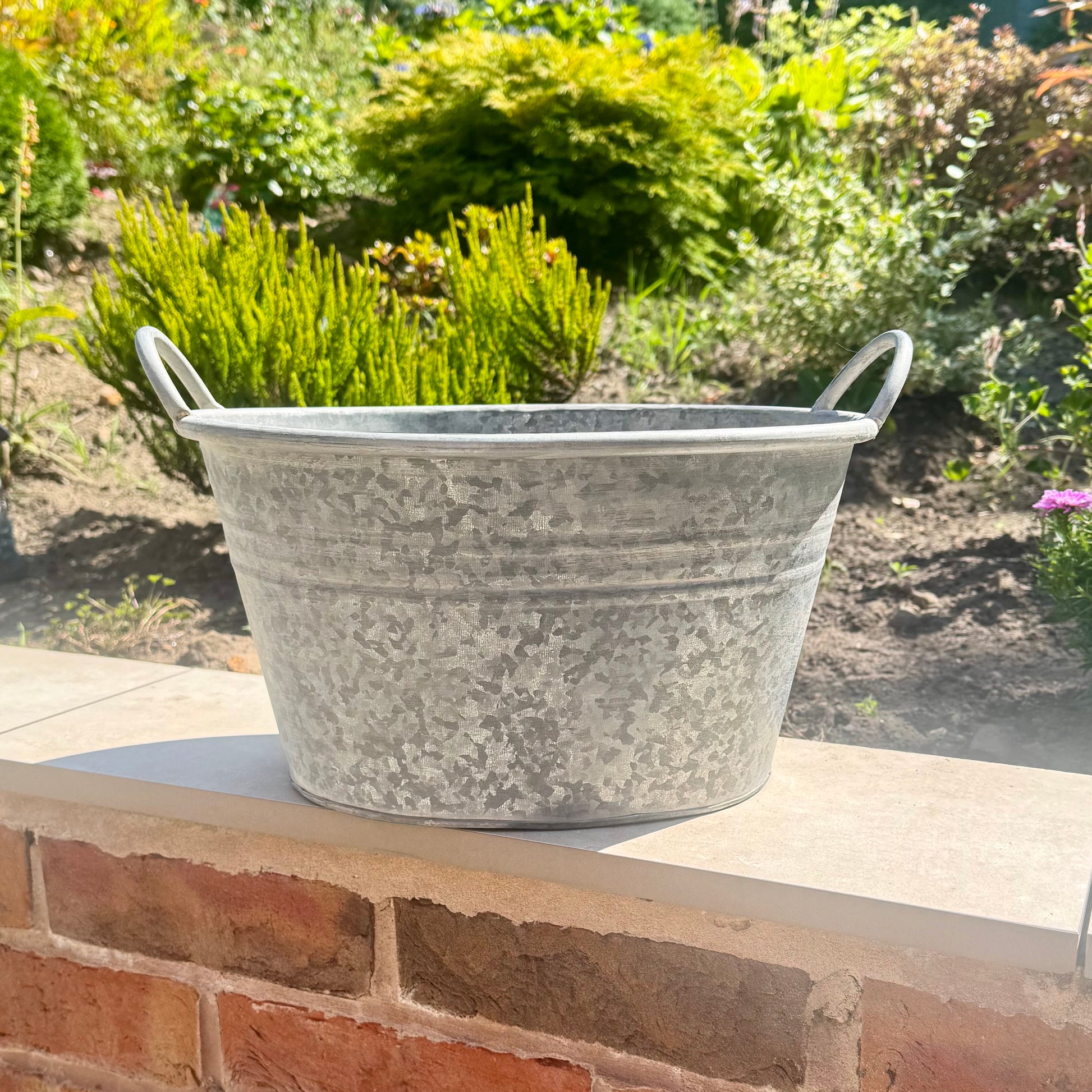 Upcycled Zinc Metal Planter with Handles 39cm