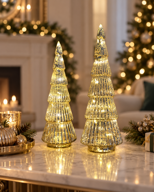 Champagne-Gold Ribbed Glass Light-Up Trees – Two Sizes