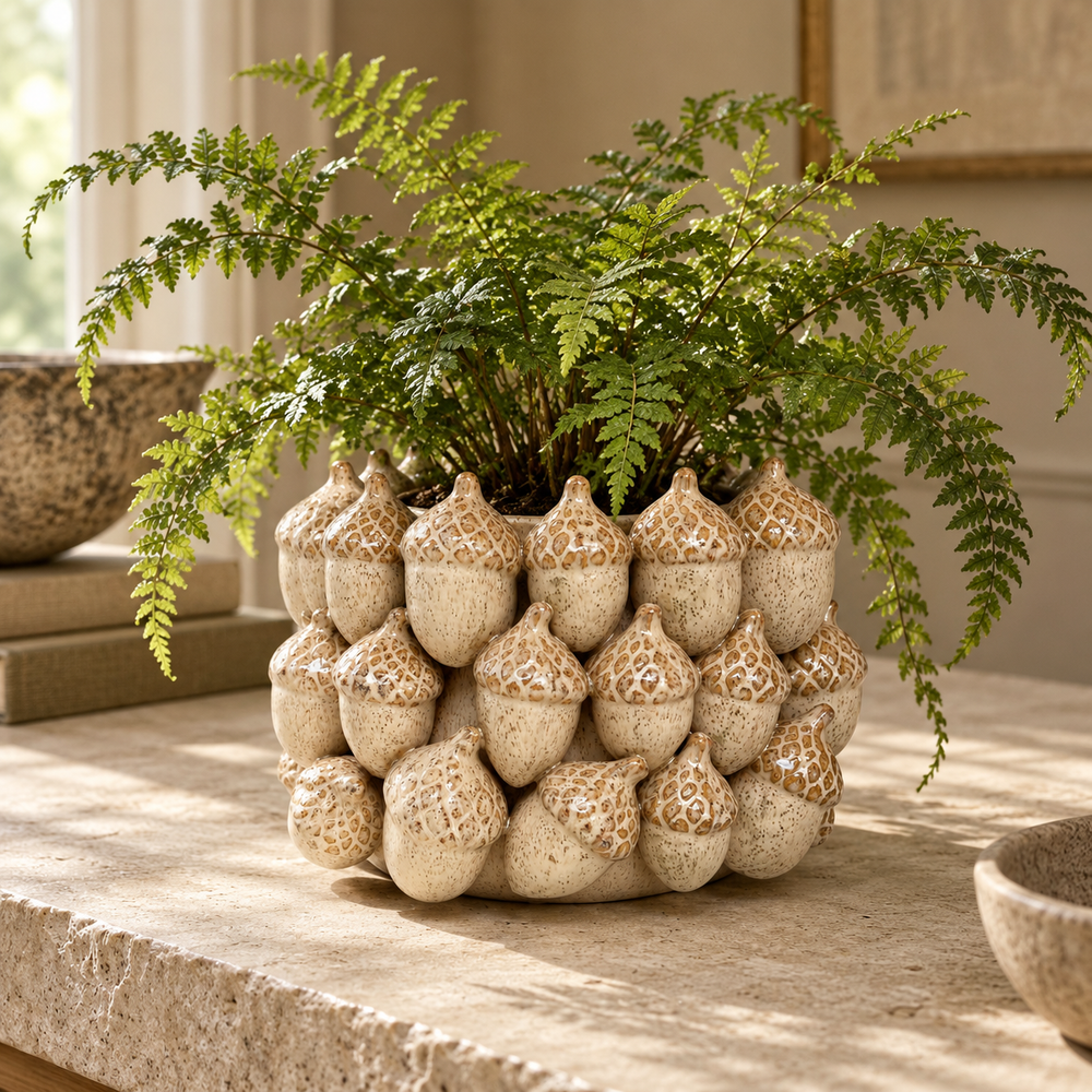 Sculptural Acorn Ceramic Planter – Natural, 22.5cm
