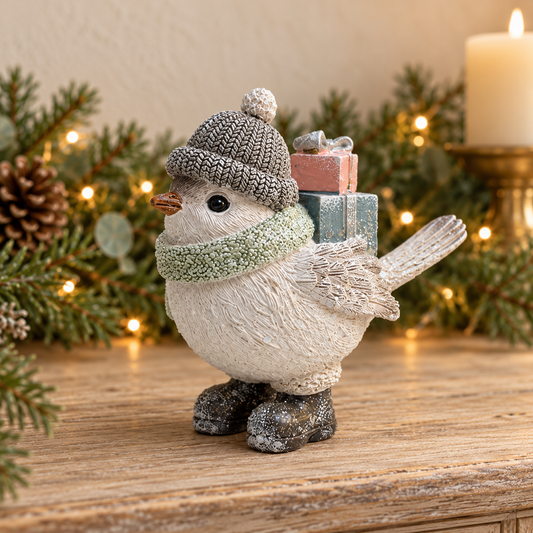 Resin winter bird Christmas ornament with festive accessories
