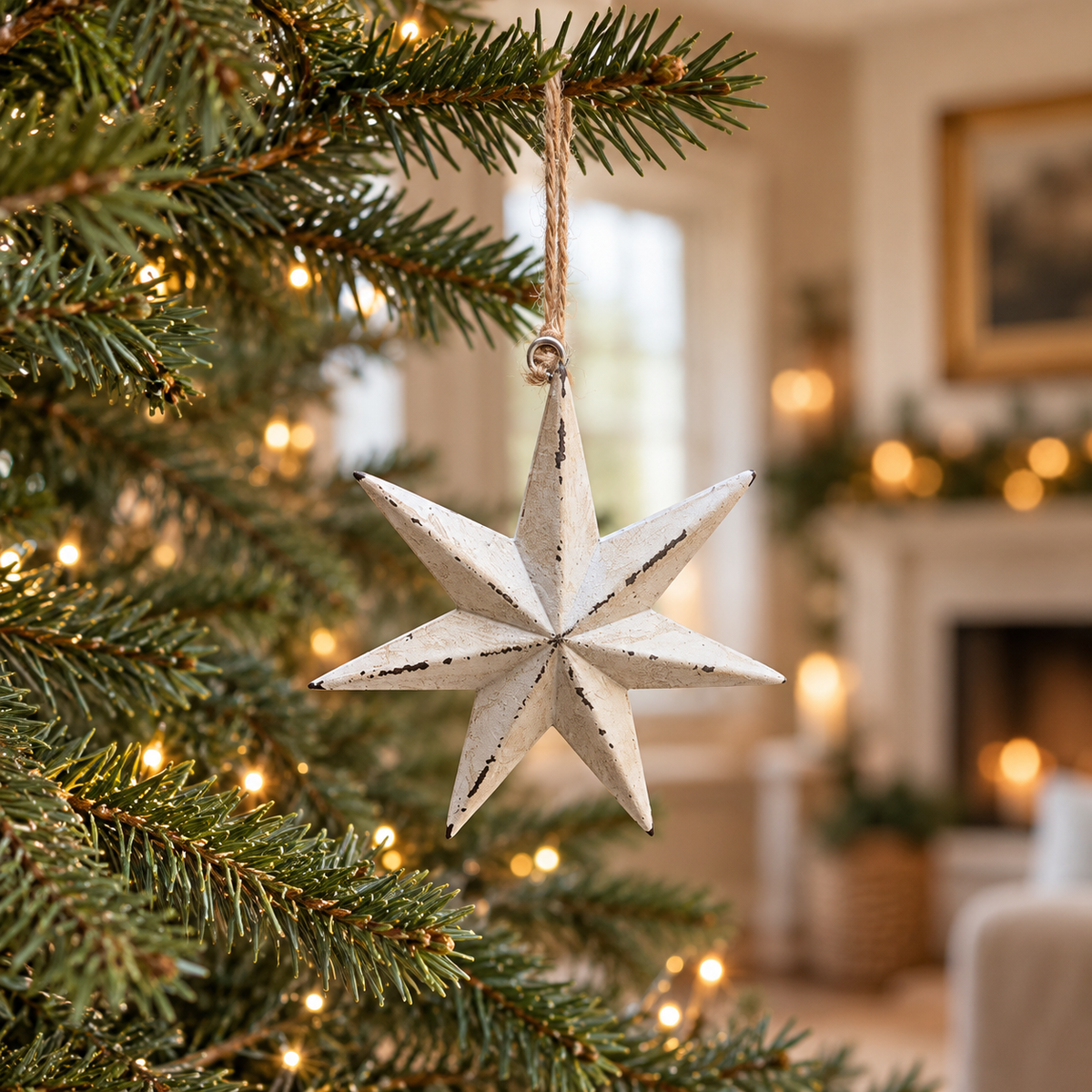 Rustic White Wooden Star Christmas Bauble – 11cm