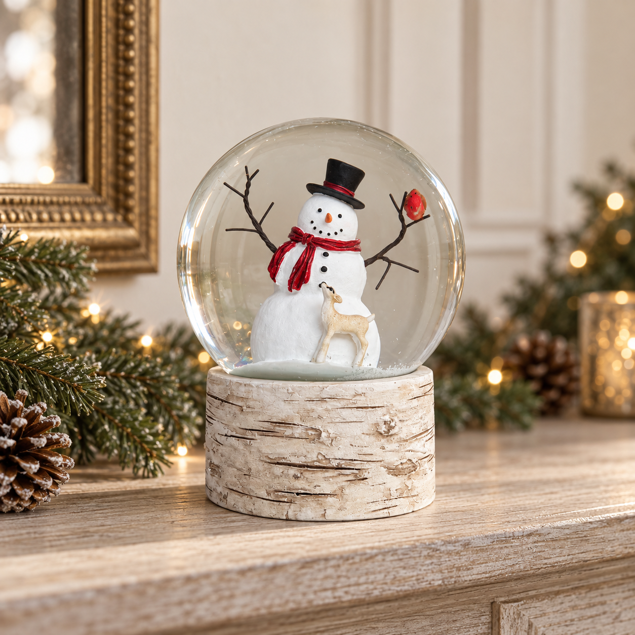 Large Snowman, Deer & Robin Christmas Snow Globe – 15cm