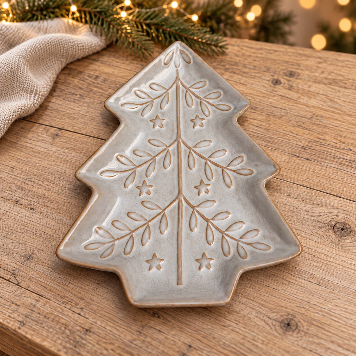 Beige ceramic Christmas tree dish with foliage and star details
