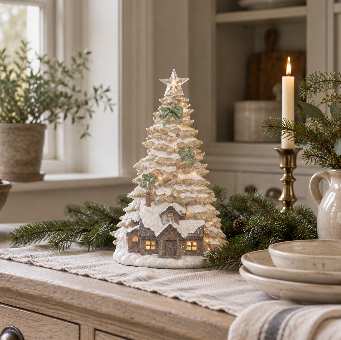 Light-up winter house and snowy Christmas tree 28cm – Woollaston White