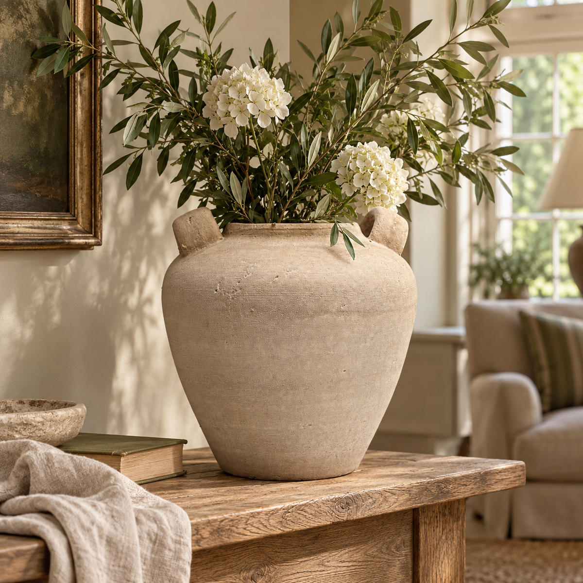 Large Rustic Stone Effect Amphora Vase in Beige