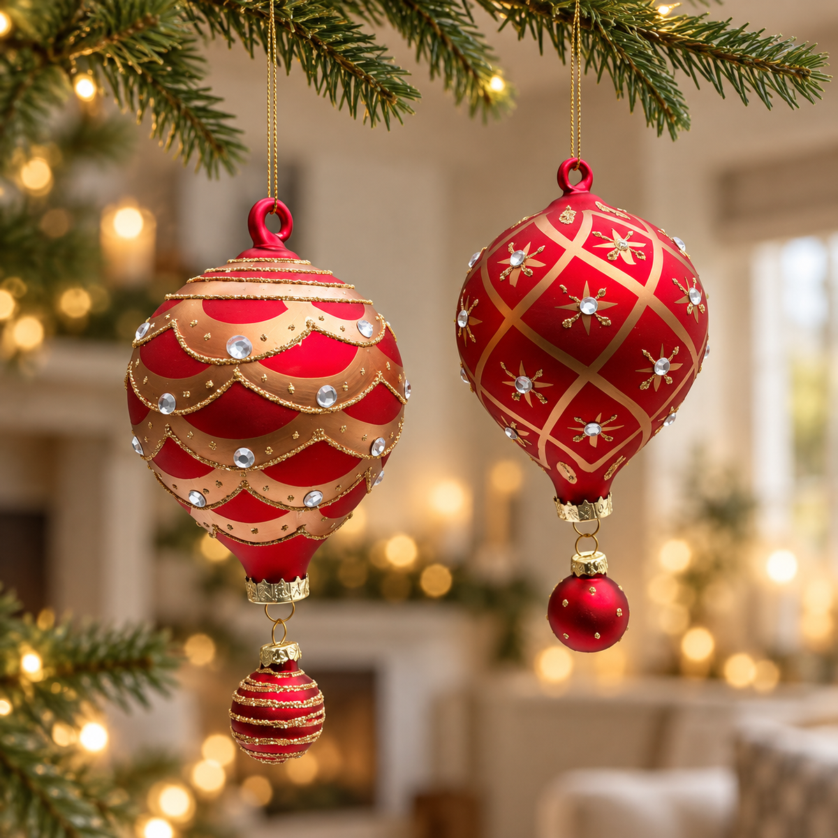 Red and gold glass hot air balloon Christmas bauble with patterned detail