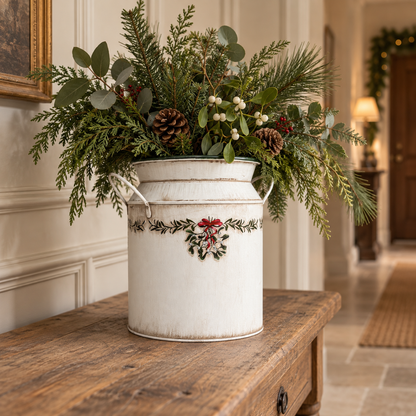 A rustic white metal bucket planter filled with green holiday foliage, pinecones, and white berries, set on a wooden console table in a warm, decorated home interior.