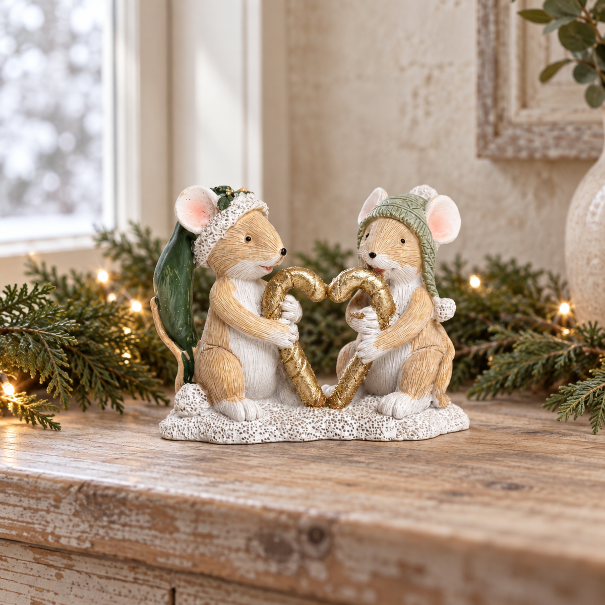 Festive Mice Holding a Gold Heart Resin Ornament