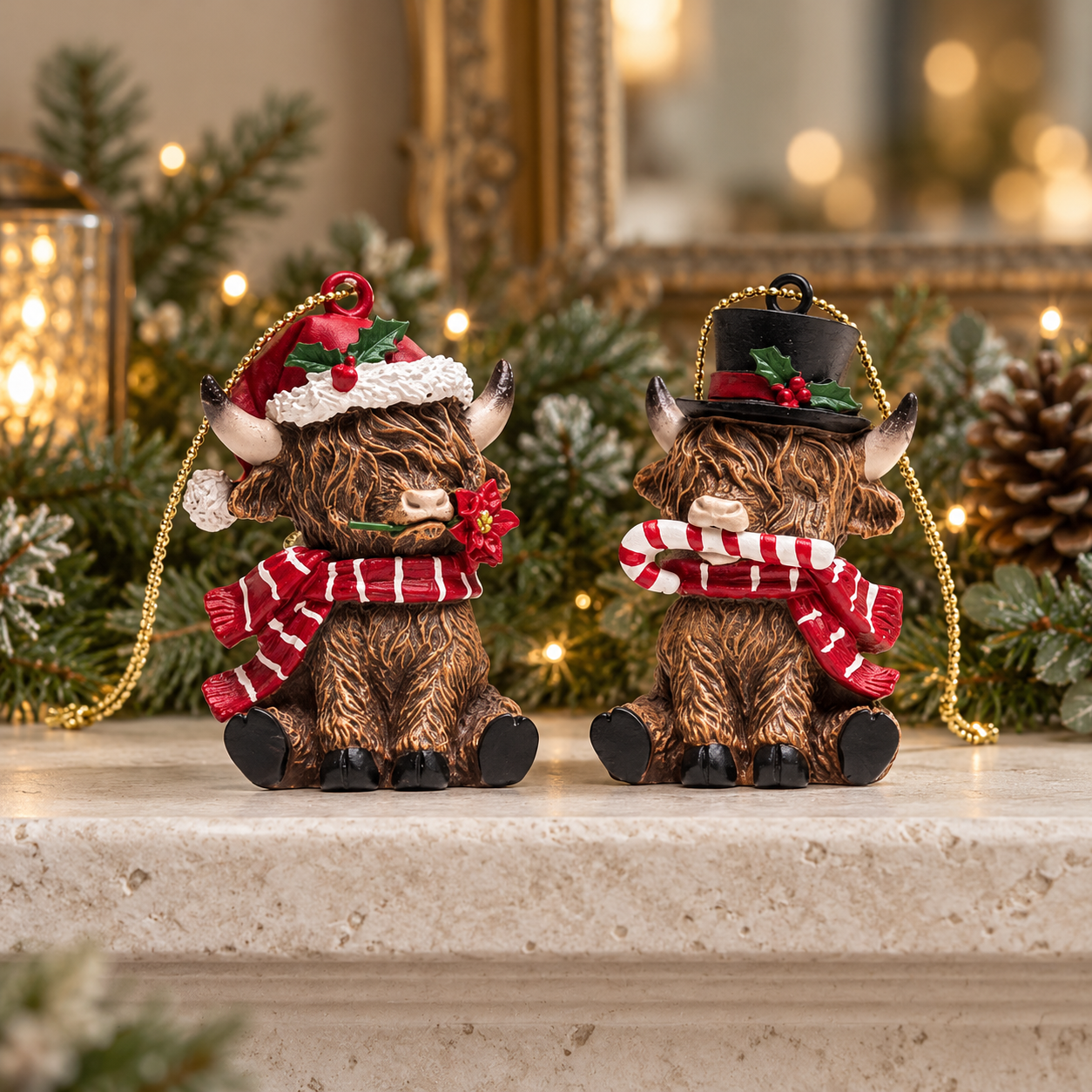 Two Highland cow Christmas baubles displayed together: Santa hat with poinsettia and top hat with candy cane