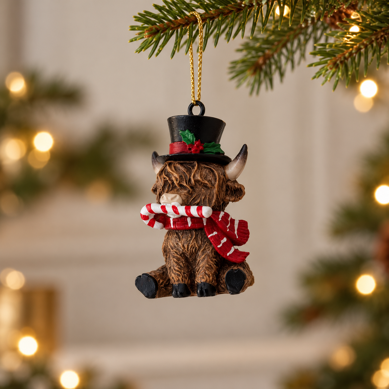 Mini Highland cow bauble with a black top hat, striped scarf and candy cane, hanging from a fir branch