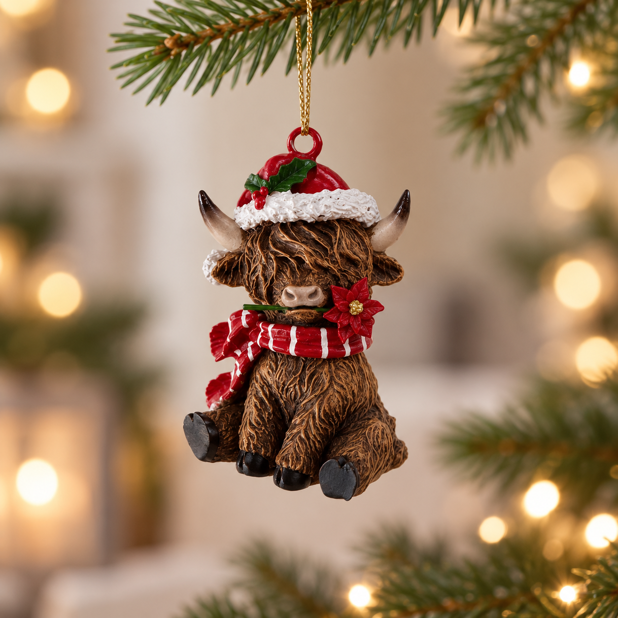 Mini Highland cow bauble with a red Santa hat, striped scarf and poinsettia, hanging from a fir branch