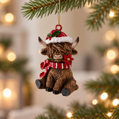 Mini Highland cow bauble with a red Santa hat, striped scarf and poinsettia, hanging from a fir branch