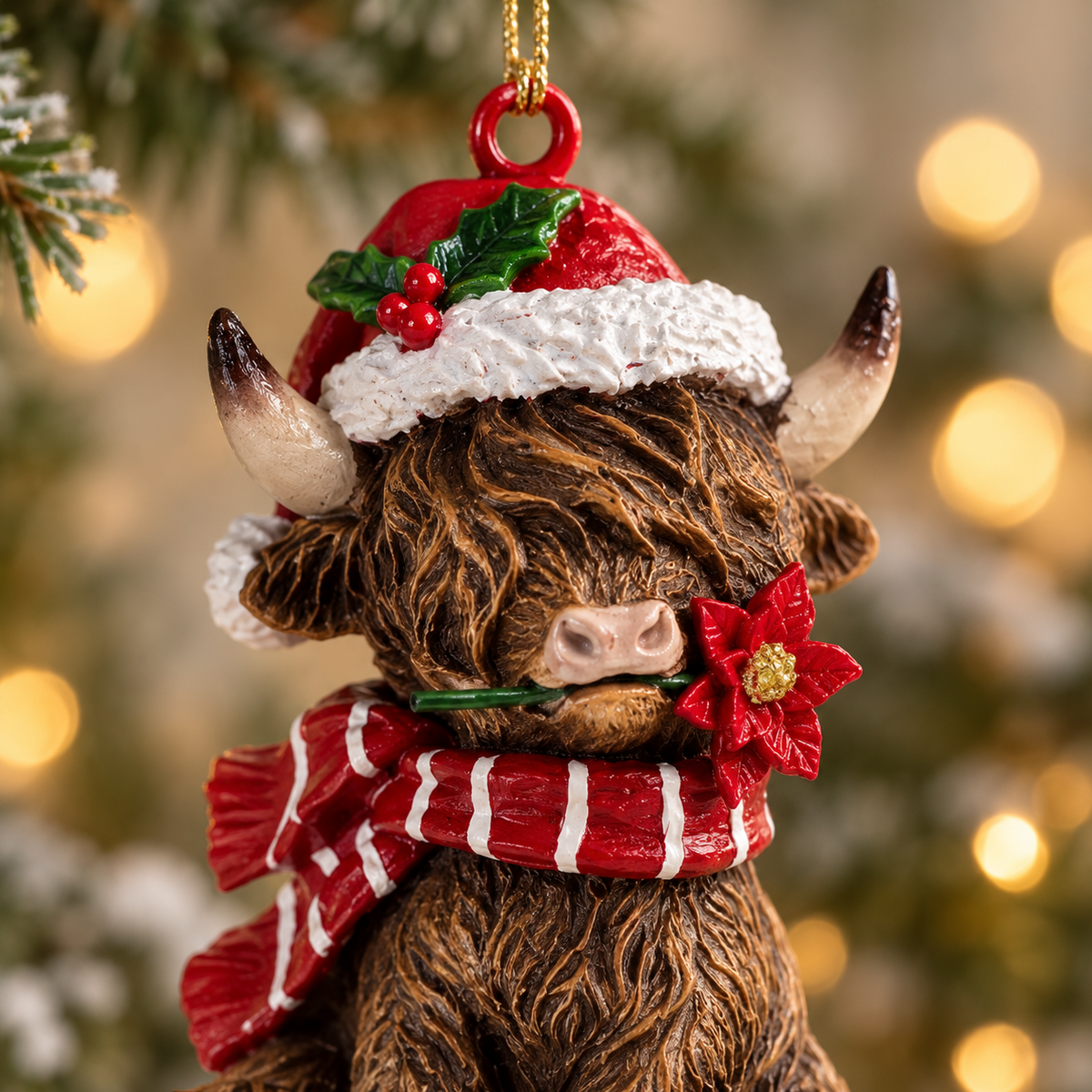 Close-up of the Santa hat Highland cow bauble showing its poinsettia and sculpted fur