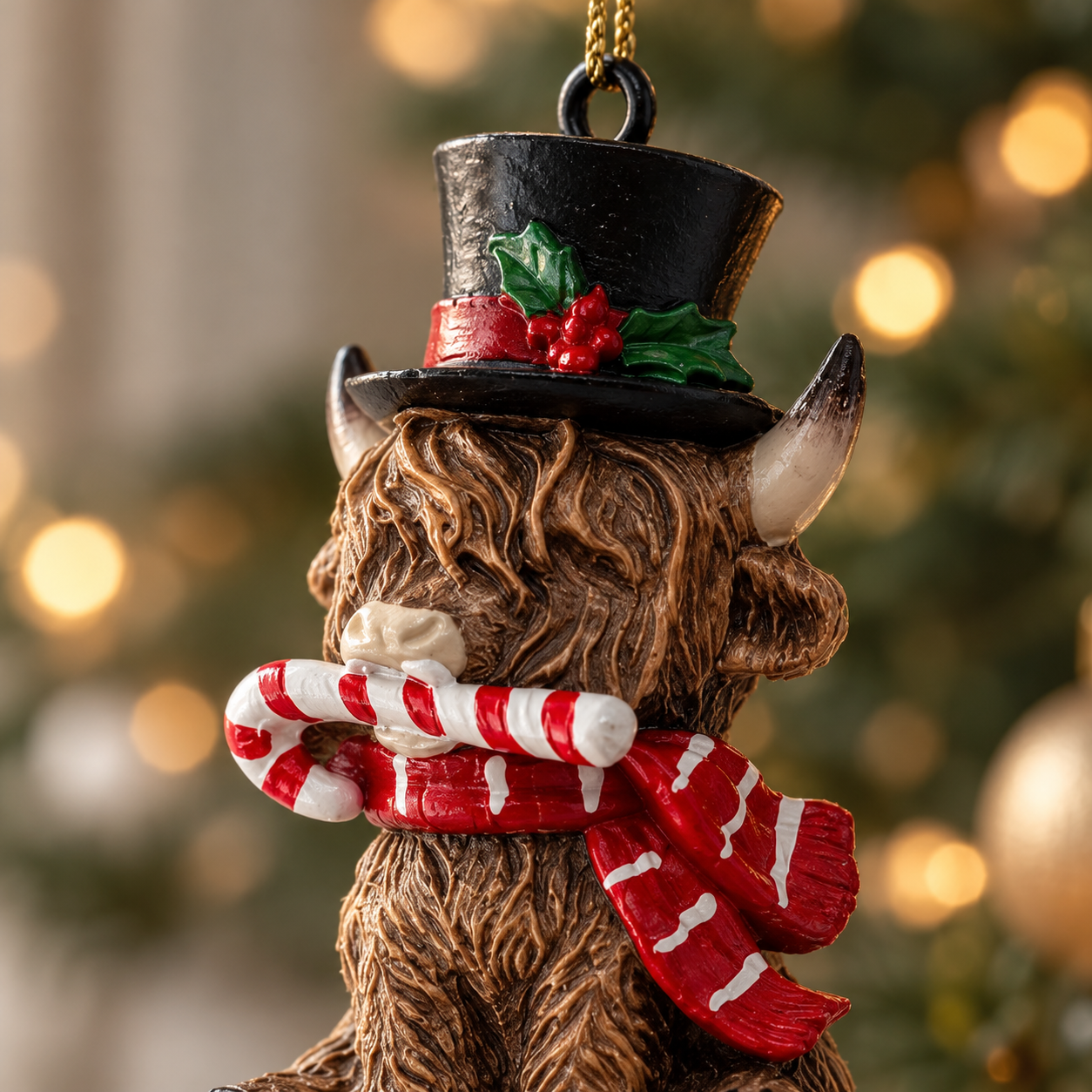 Close-up of the black top hat Highland cow bauble showing holly detail and a striped candy cane