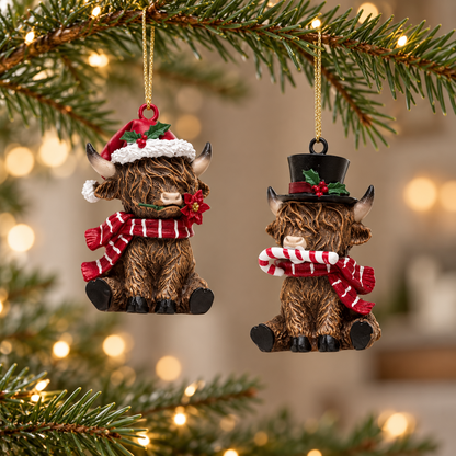 Two mini Highland cow Christmas baubles hanging from fir branches, with Santa hat and top hat designs