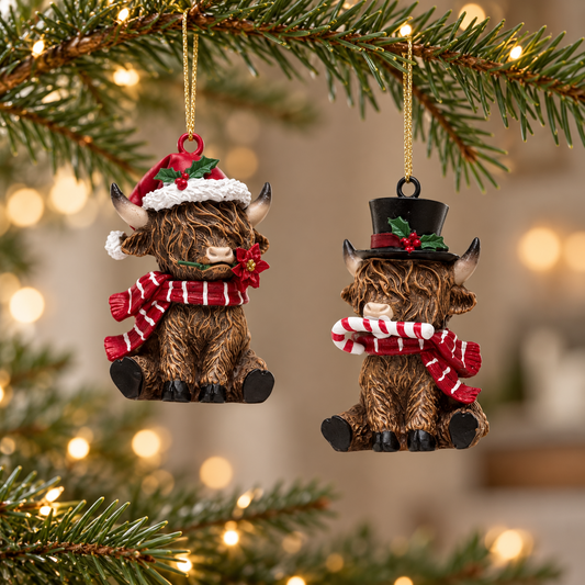 Two mini Highland cow Christmas baubles hanging from fir branches, with Santa hat and top hat designs