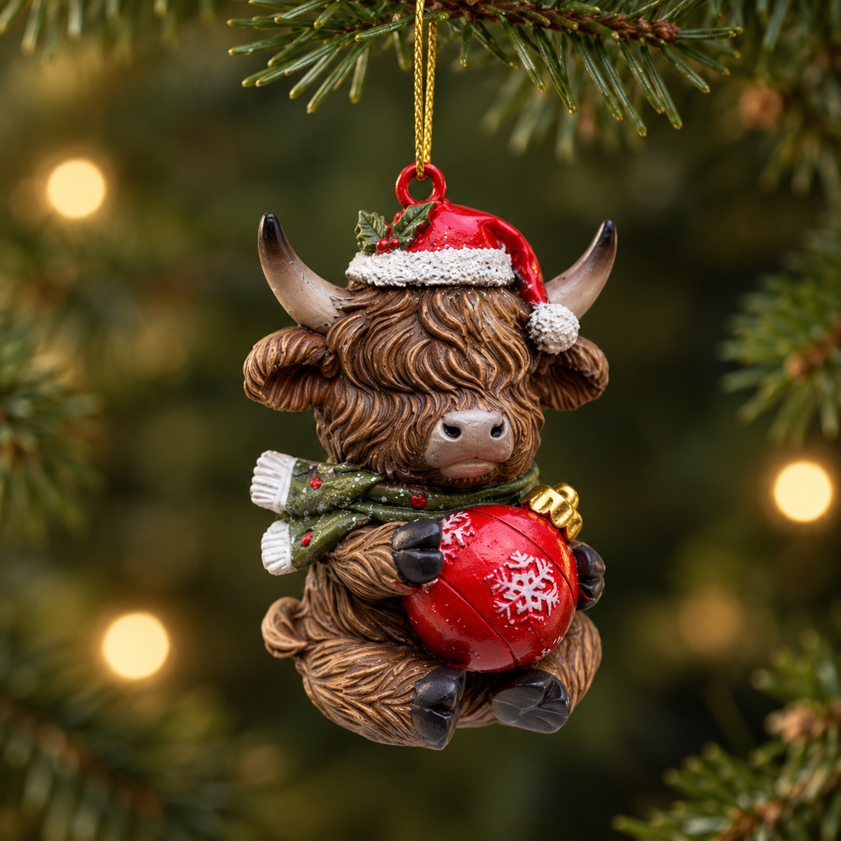 Mini Highland Cow Christmas Bauble with Red Ornament