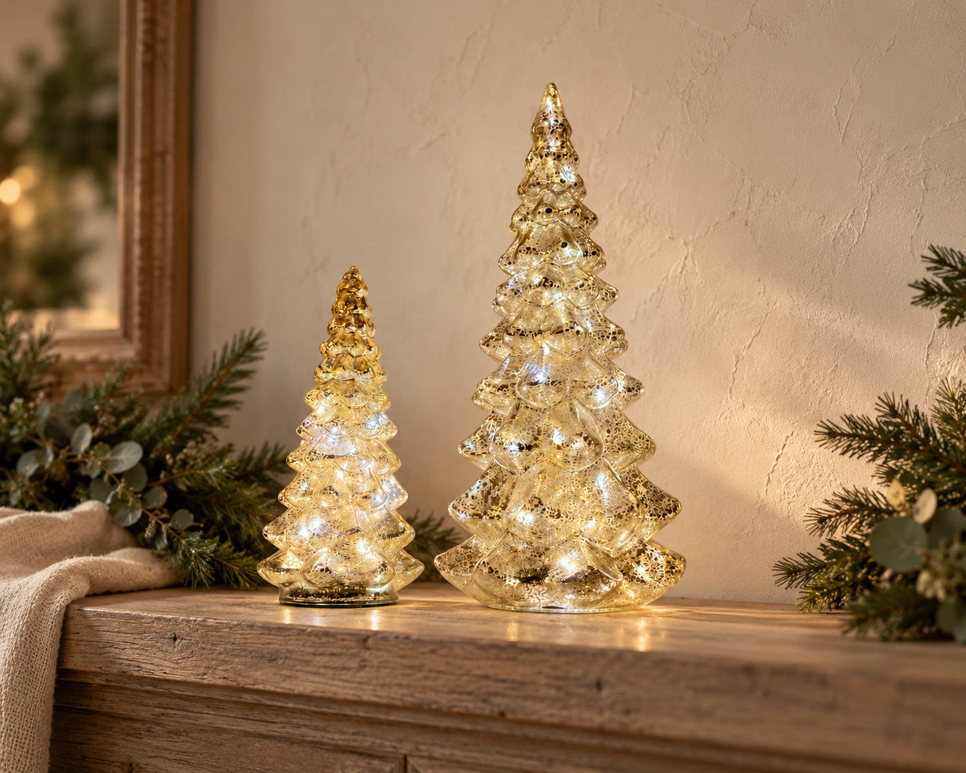 Hand-Blown Mercury Glass LED Christmas Tree with Timer in Two Sizes