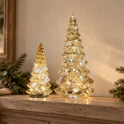 Hand-Blown Mercury Glass LED Christmas Tree with Timer in Two Sizes