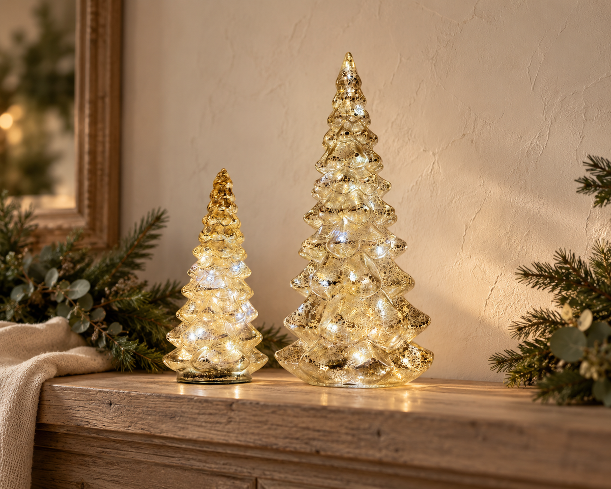 Hand-Blown Mercury Glass LED Christmas Tree with Timer in Two Sizes