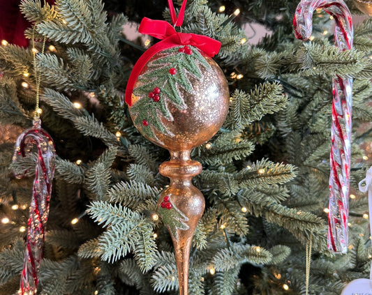 Gold finial Christmas bauble with hand-painted holly leaves and red velvet bow