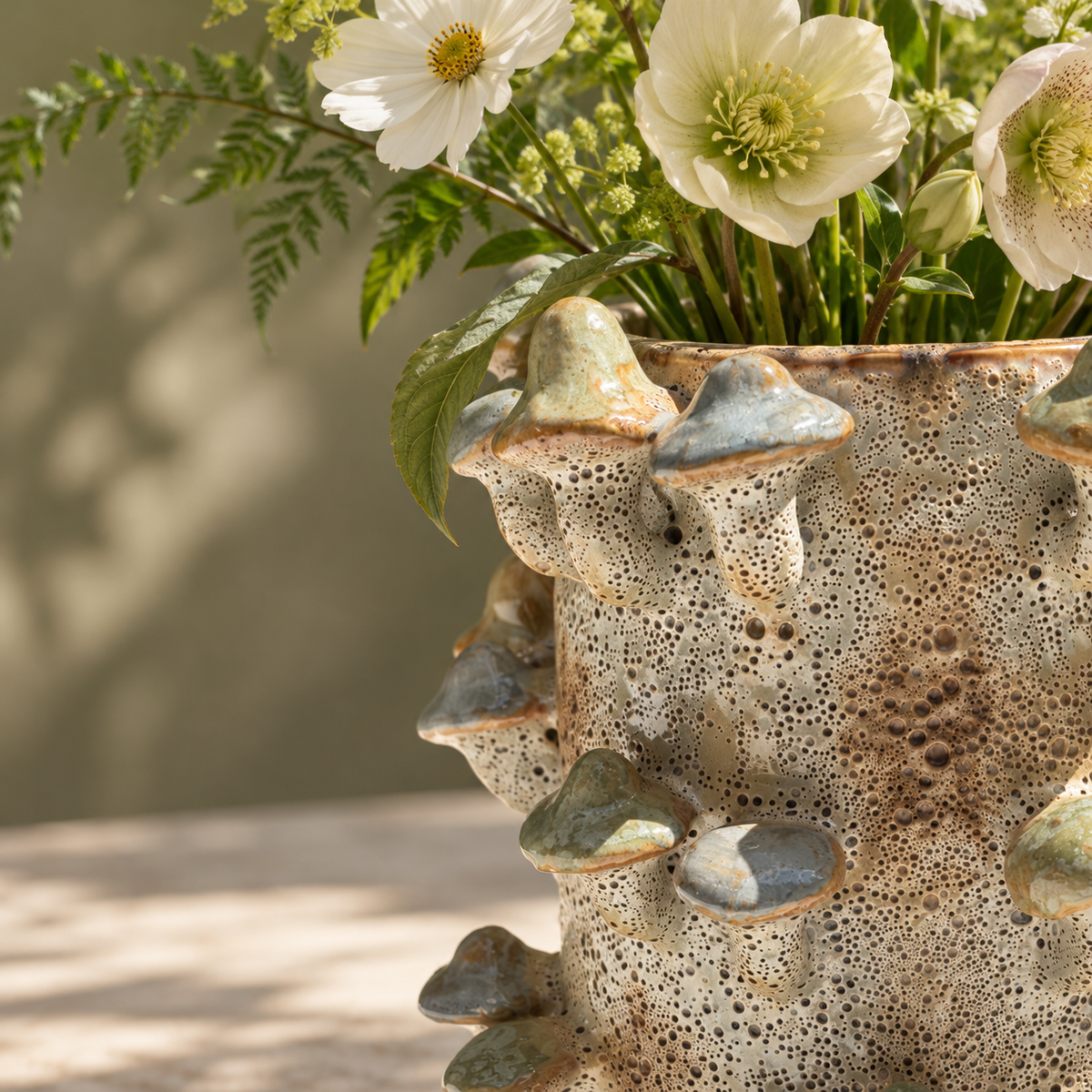 Handmade Ceramic Mushroom Vase with Coral Effect in Blue and Green 22.5cm