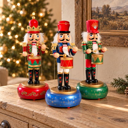 Musical Wooden Nutcracker Drummer, Hand-Painted Christmas Decoration, Blue Green or Red, 30cm