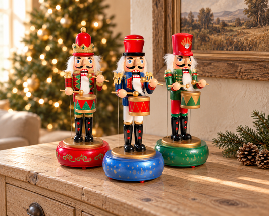 Musical Wooden Nutcracker Drummer, Hand-Painted Christmas Decoration, Blue Green or Red, 30cm