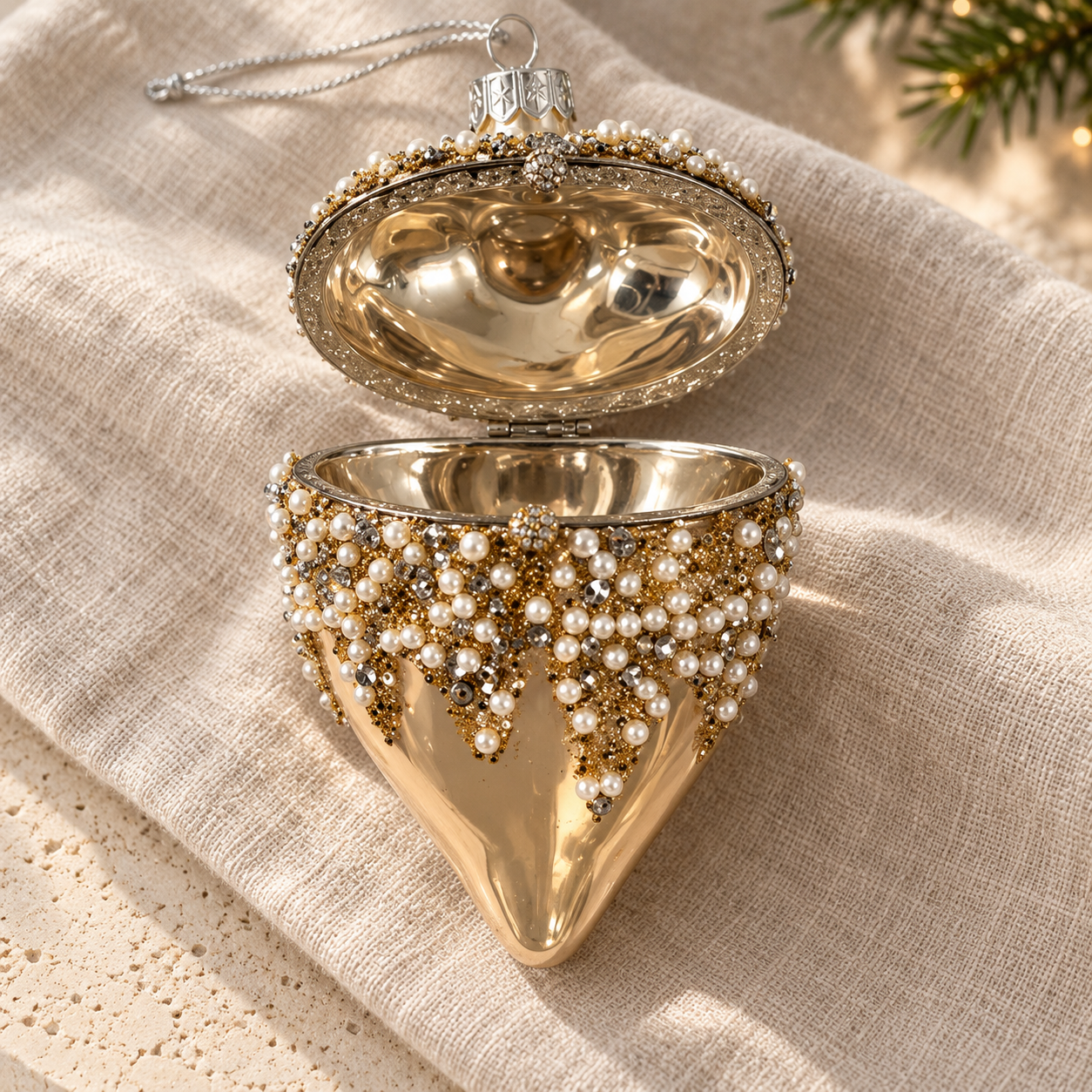 Gold Pearl Hinged Heart Glass Christmas Bauble – 9cm