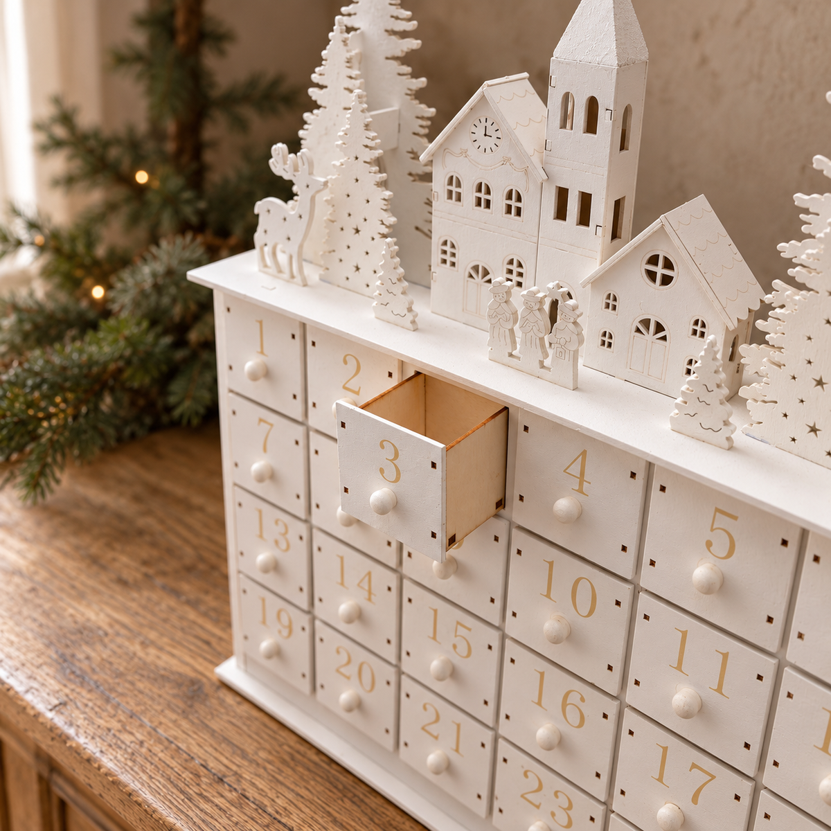 White Wooden Light-Up Advent Calendar – 35cm
