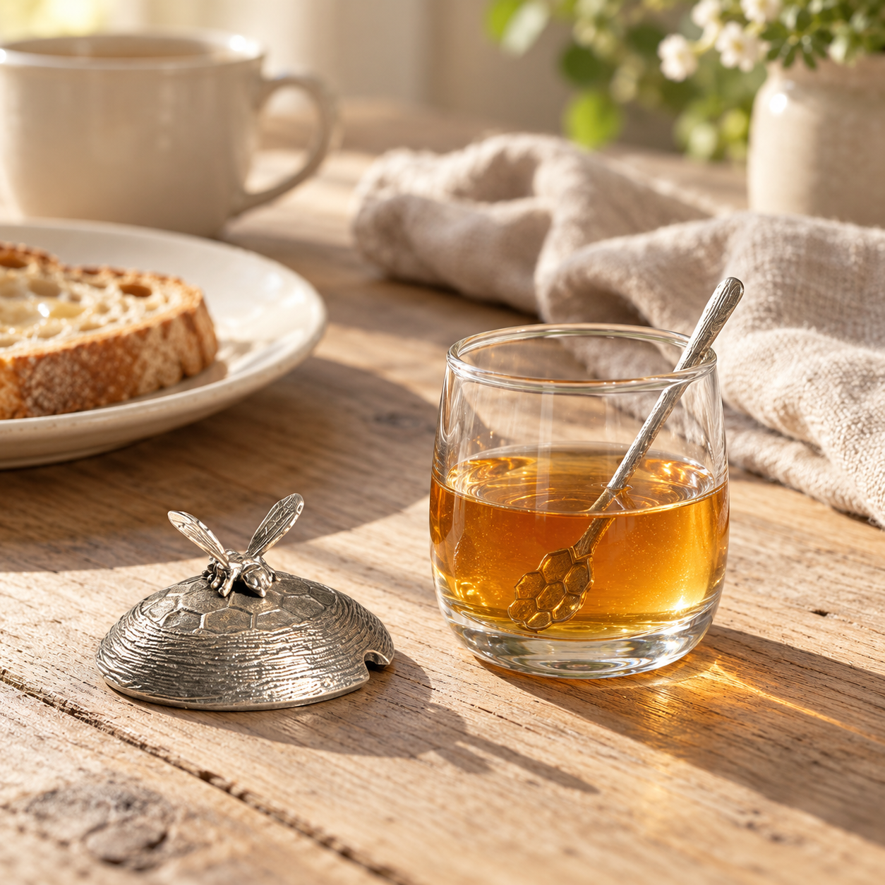 Handmade Pewter & Glass Honey Pot with Bee Lid & Spoon, 10cm