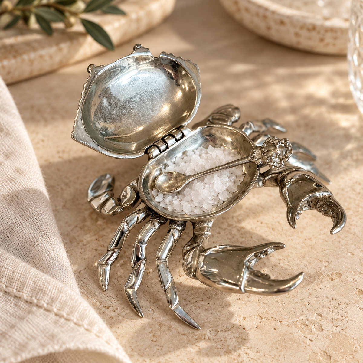 Pewter crab salt cellar with hinged shell lid open, showing salt and the matching spoon
