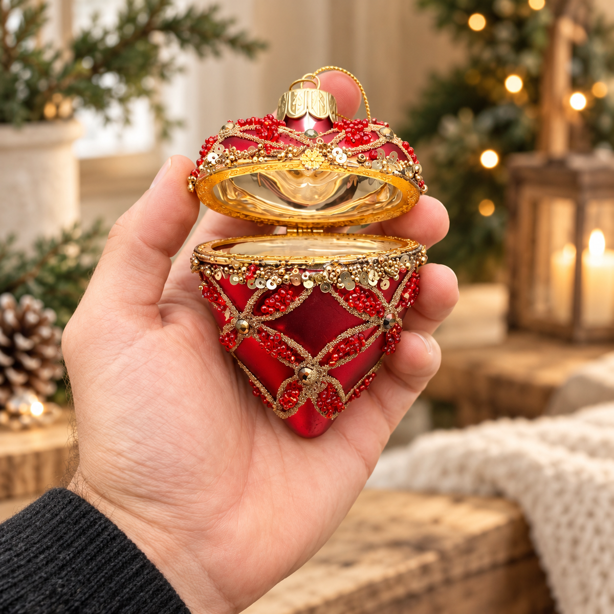 Red and Gold Hinged Heart Glass Christmas Bauble – 9cm